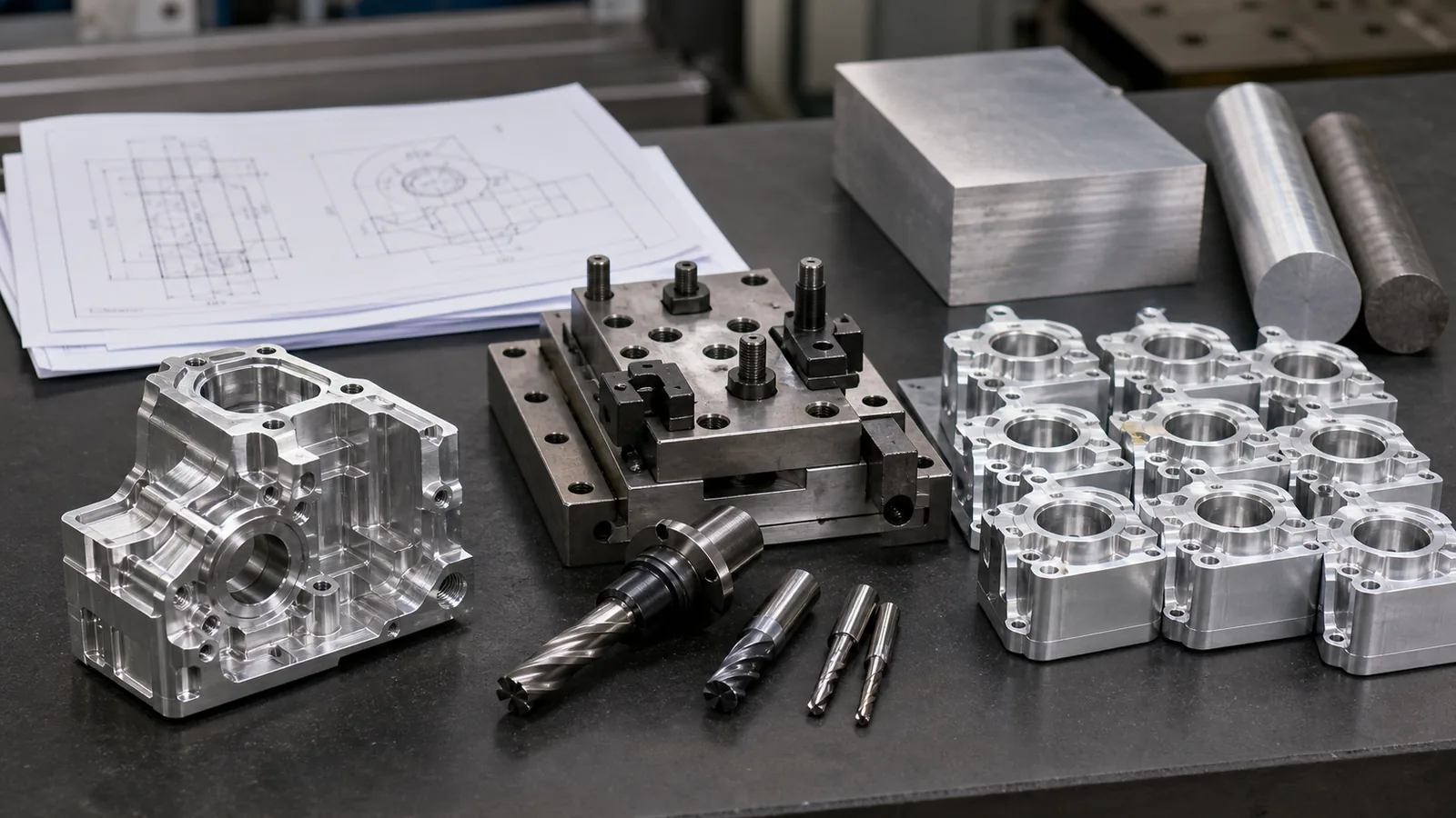 CNC-machined prototype and small batch of aluminum housings in a precision workshop