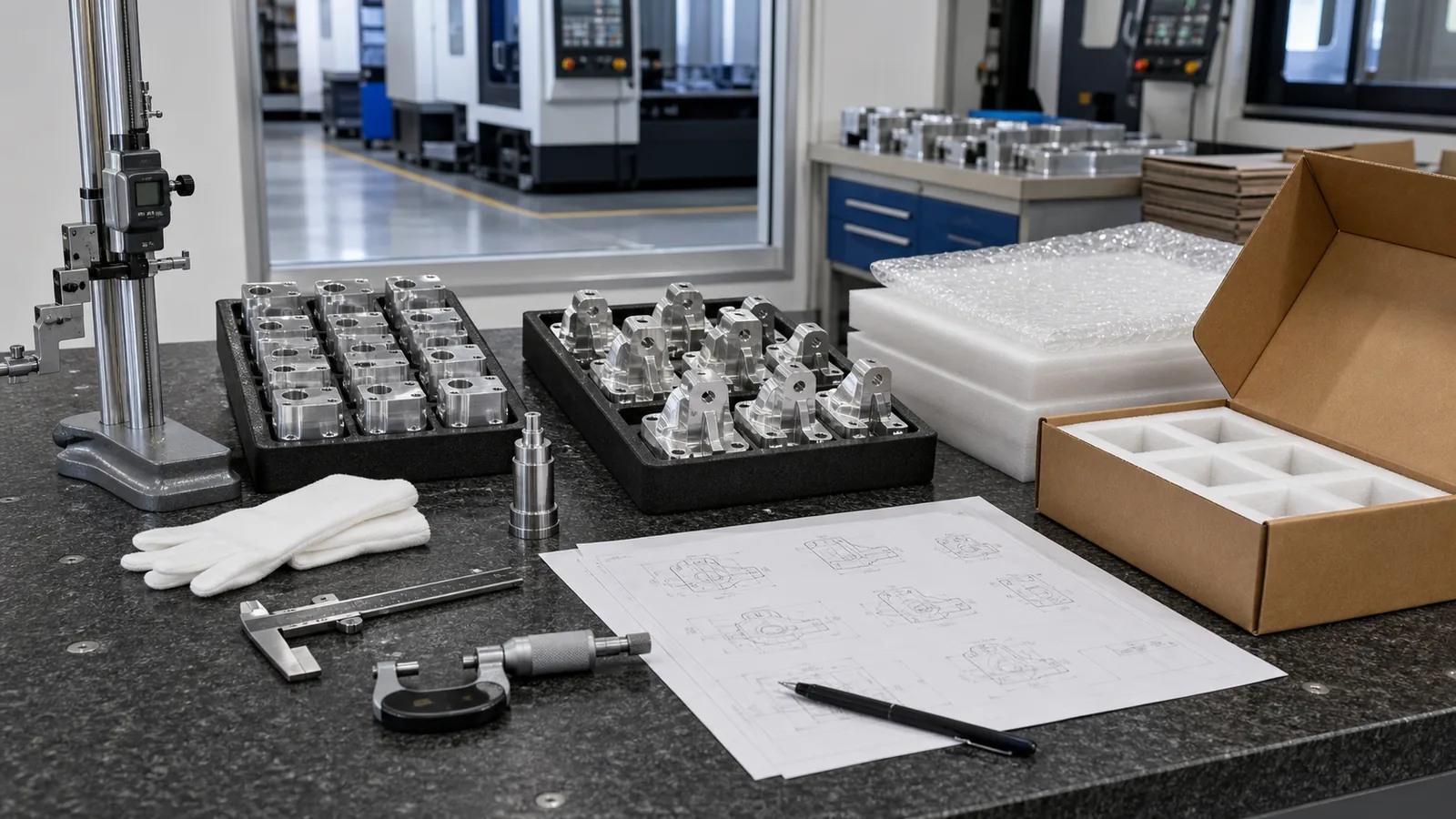 CAD files, CNC machined aluminum parts, inspection tools, and export packaging in a precision workshop CAD files, CNC machined aluminum parts, inspection tools, and export packaging in a precision workshop